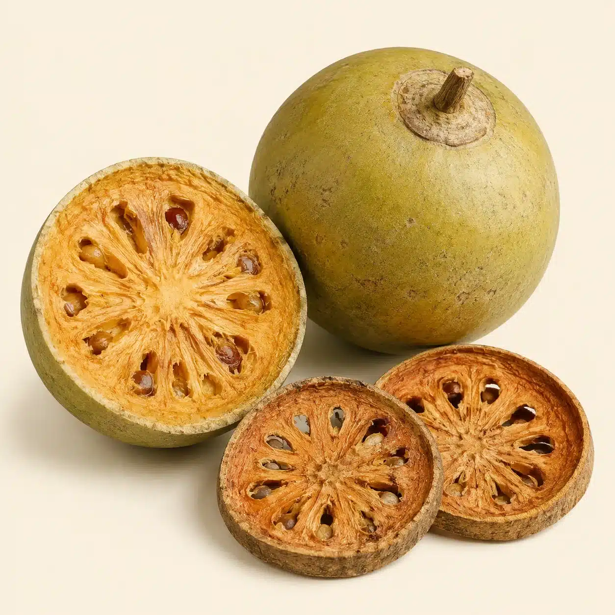 Illustration of bael fruit: ripe fruit flesh