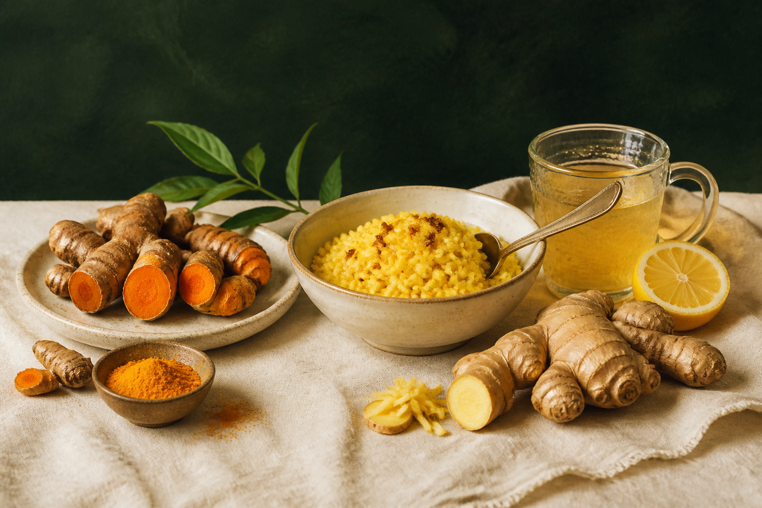 Illustration of turmeric, ginger, golden rice and a ginger drink with lemon
