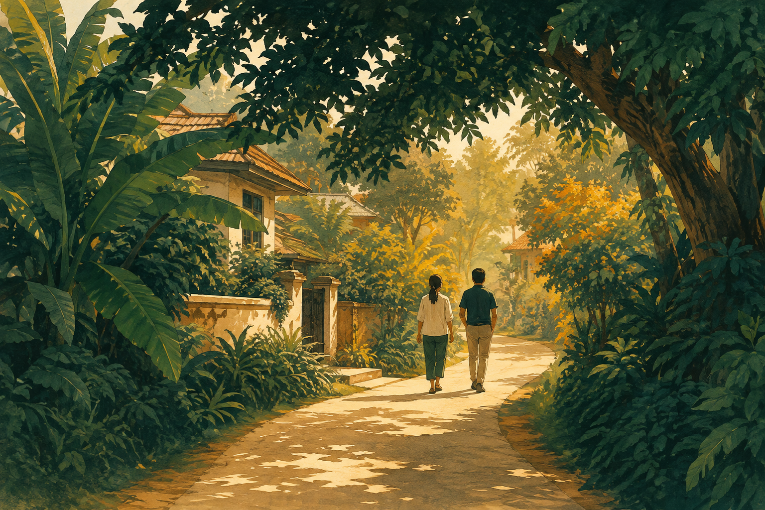 Illustration of two people taking a walk along a leafy path