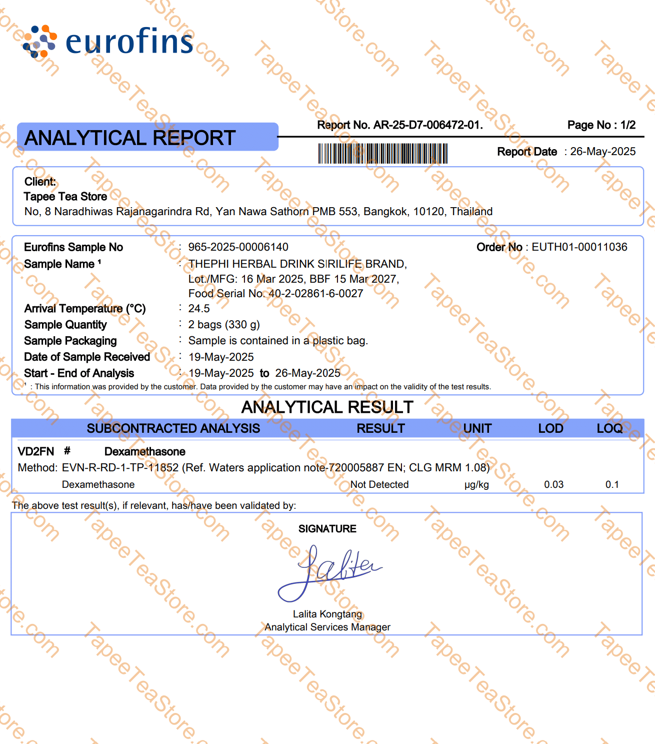 Third-party lab certificate for Tapee Tea
