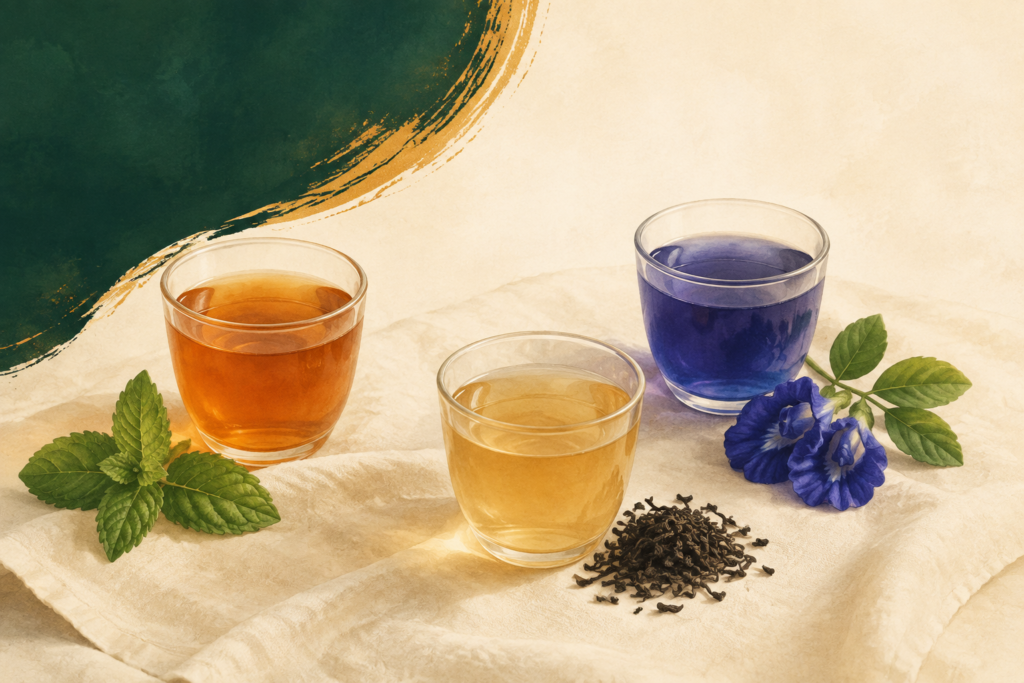 Illustration of three differently coloured infusions beside mint, tea leaves and butterfly pea flowers