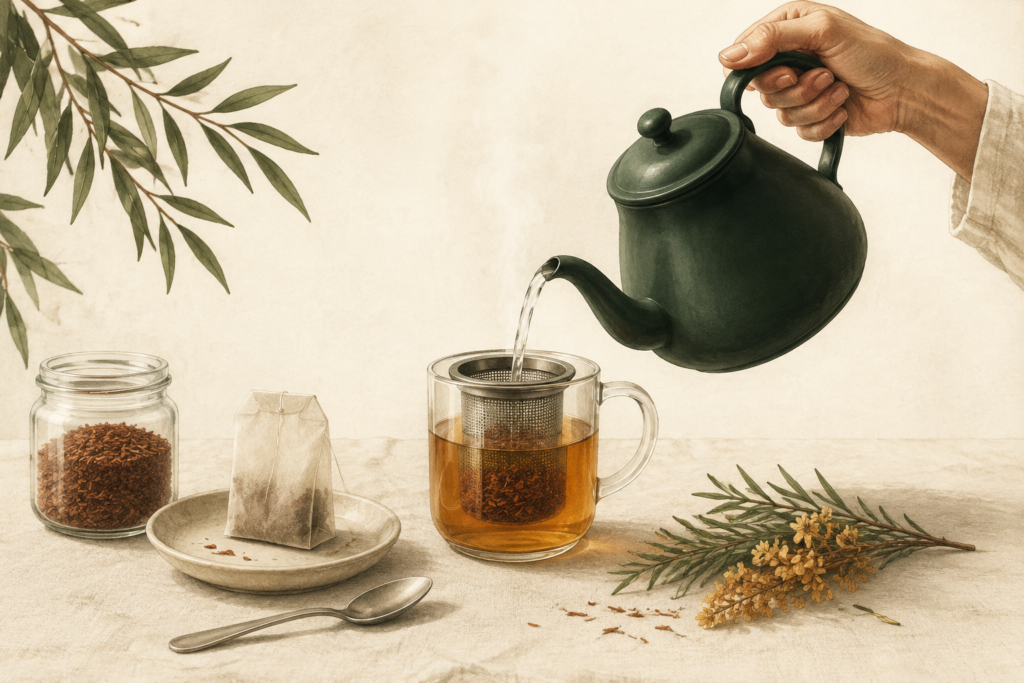 Illustration of hot water being poured into a glass cup with an infuser, with a tea bag and loose rooibos nearby