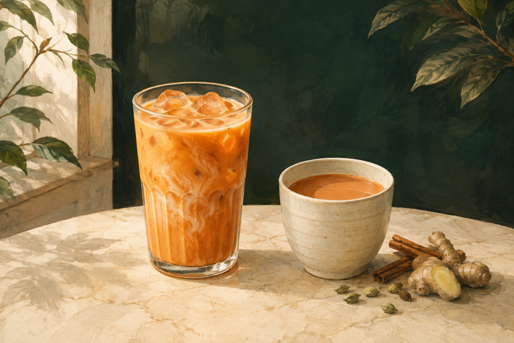 Illustration comparing a tall iced Thai milk tea with a cup of chai beside ginger, cinnamon and cardamom