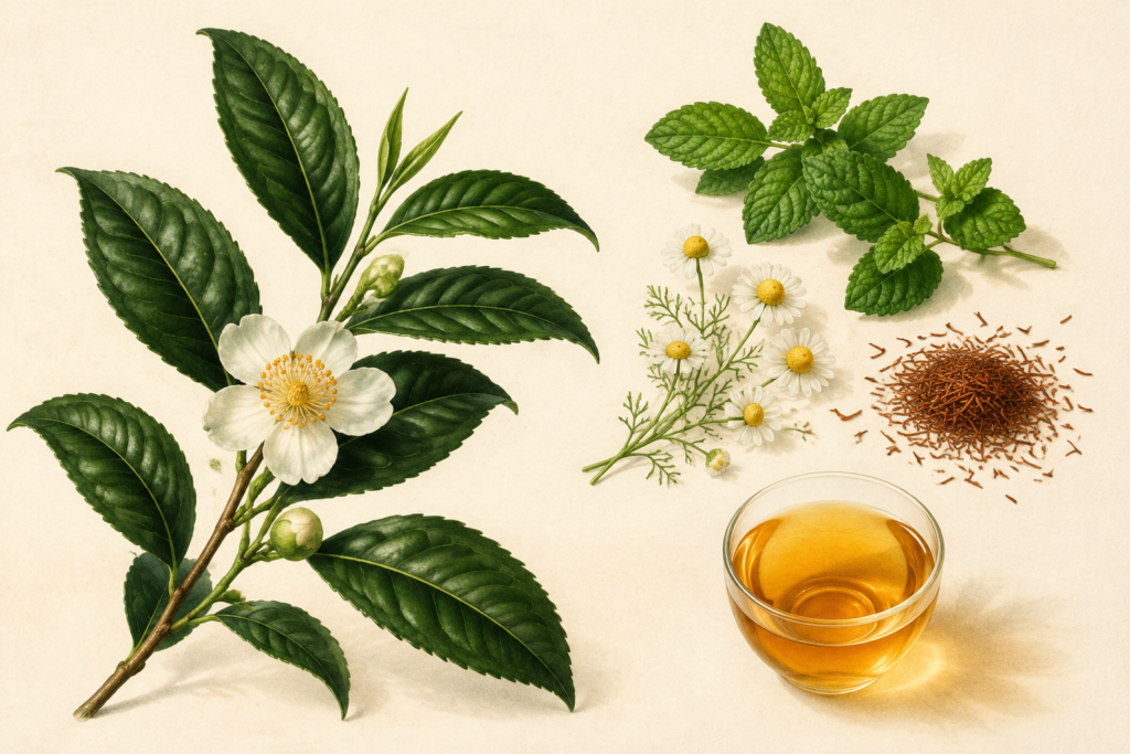 Botanical illustration of a tea plant sprig, mint, chamomile flowers and rooibos around a cup