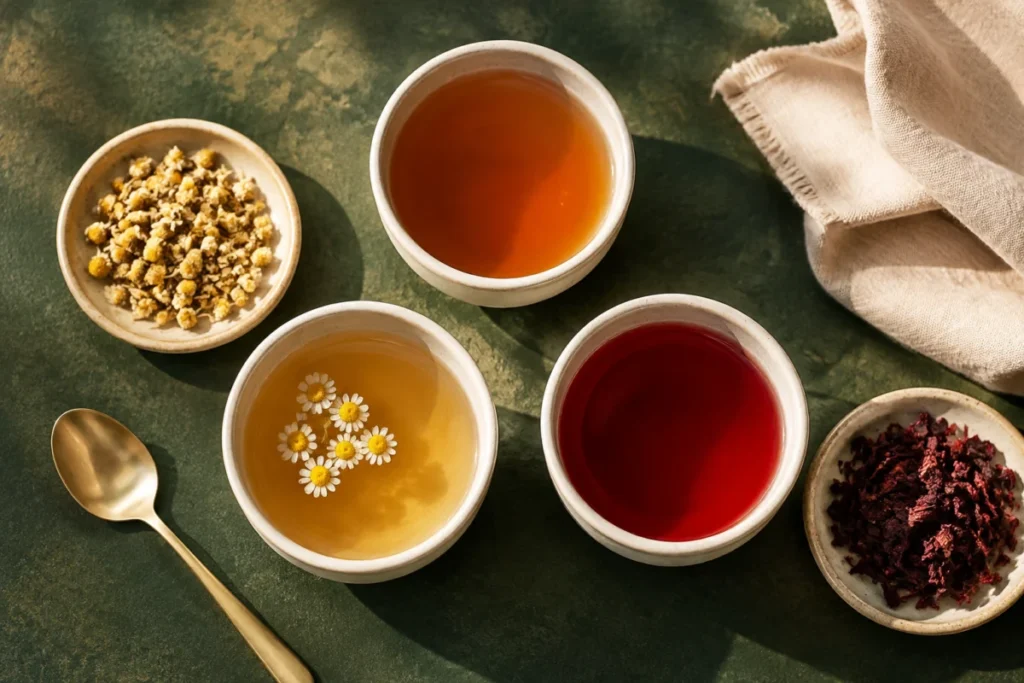 Illustration of three herbal infusions with chamomile and hibiscus