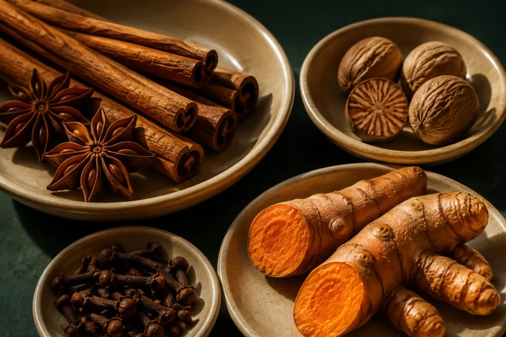 Illustrated selection of star anise, cinnamon, nutmeg, turmeric and cloves