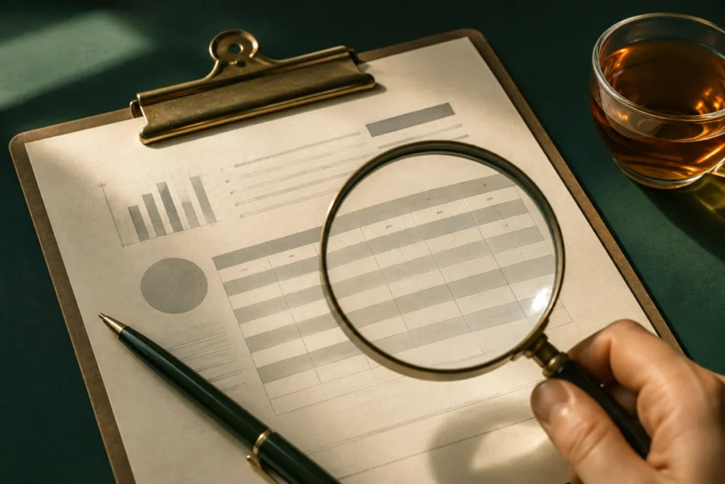 Illustration of a magnifying glass over an abstract document; not an actual lab report