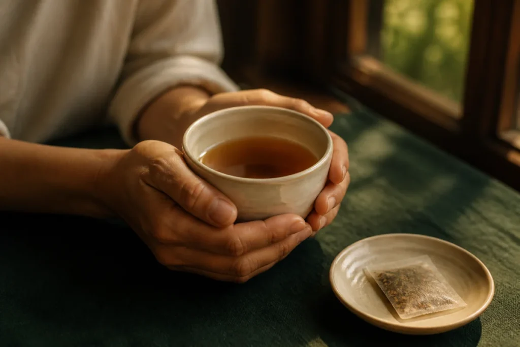 Illustration of hands holding warm herbal tea beside a tea bag