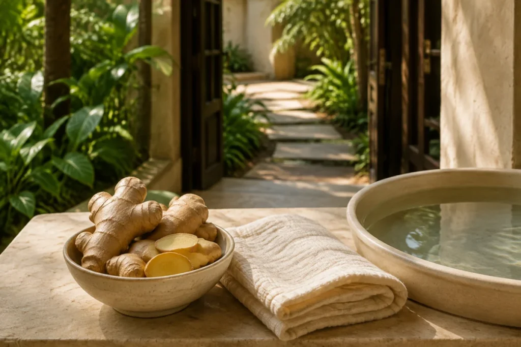 Illustration of ginger, a folded towel and water basin beside a garden path
