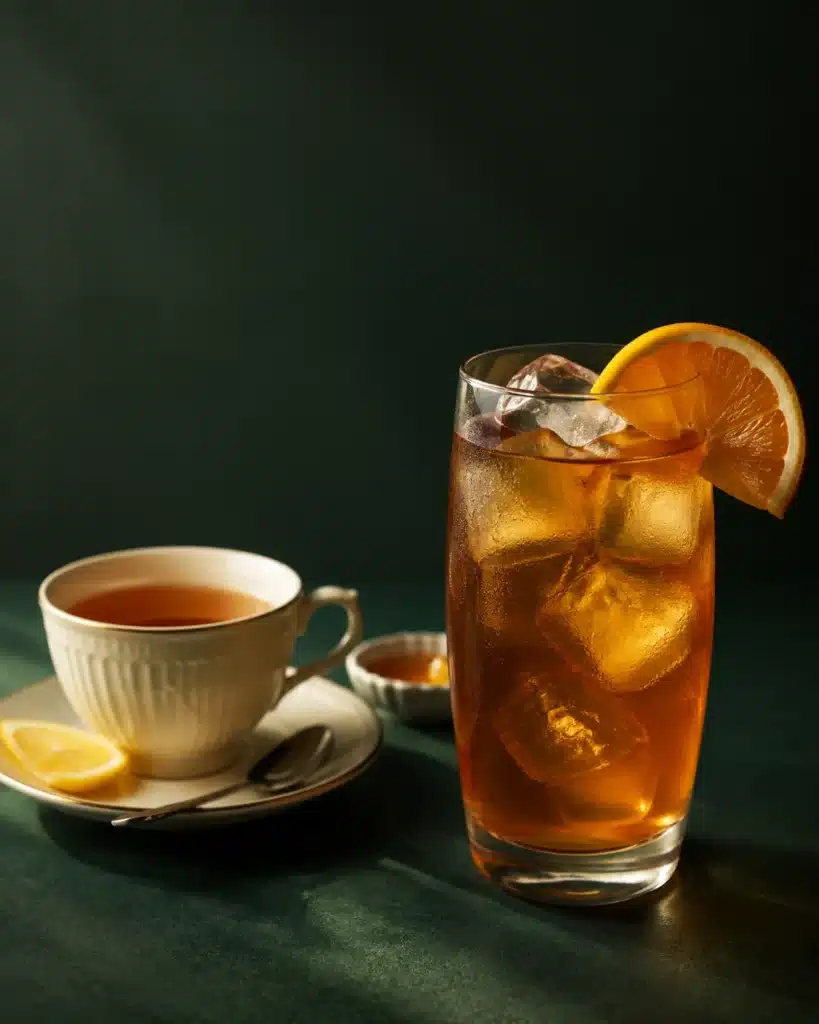 AI-generated serving illustration of warm tea and iced orange tea
